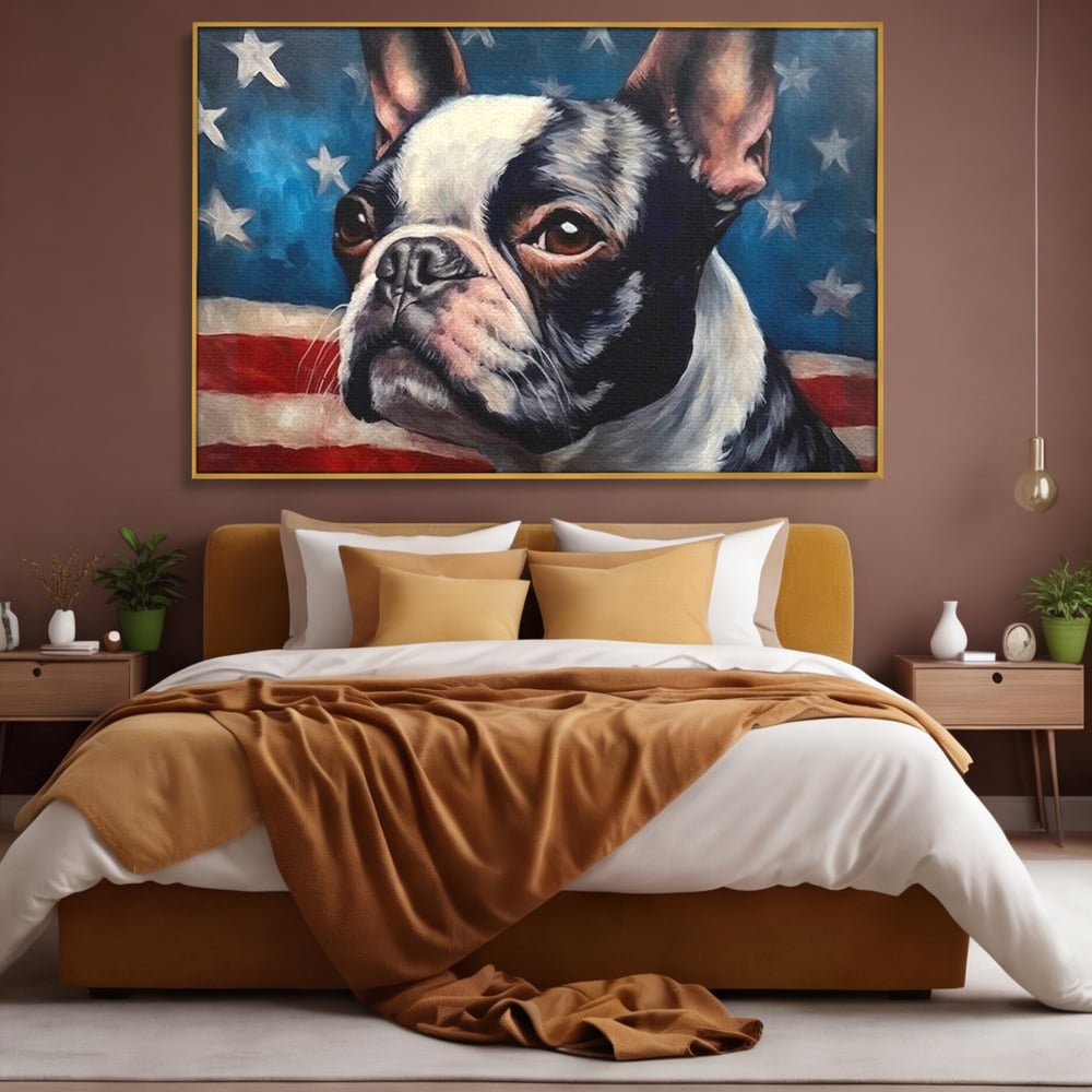 Tablou canvas cu tablou pictura caine boston terrier, in rama de aluminiu auriu, pe perete intr-un dormitor